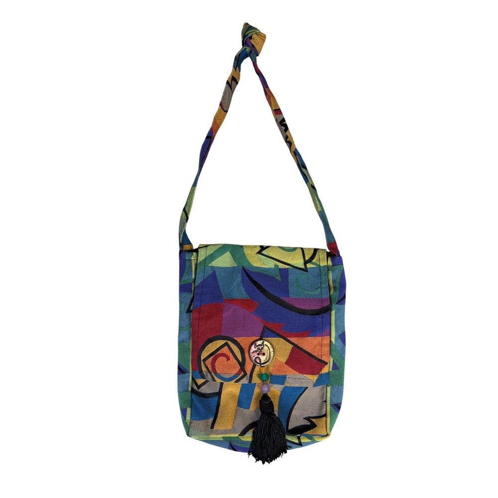 Alice's Tapestries Colorful Abstract Print Boho Shoulder Bag With Cat Button